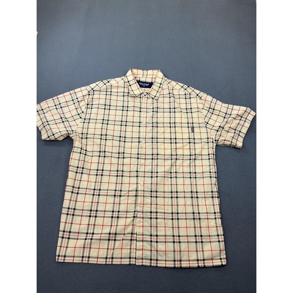 Noon Goons Shirt Mens Medium Beige Plaid Short‎ Sleeve Button Up Cotton